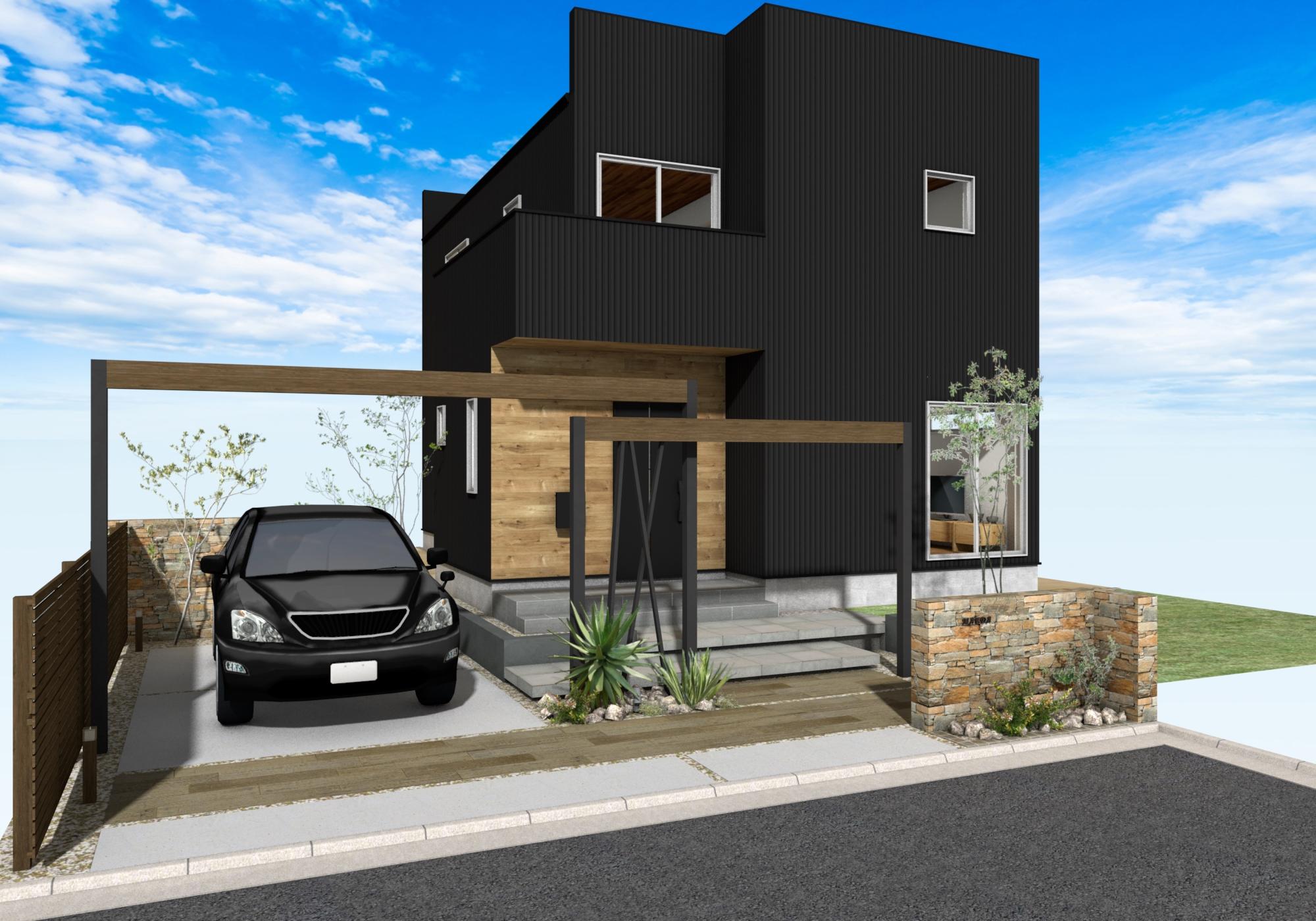 ブラック×ウッドカラーの建物と調和する高低差を活かしたゲートプラン